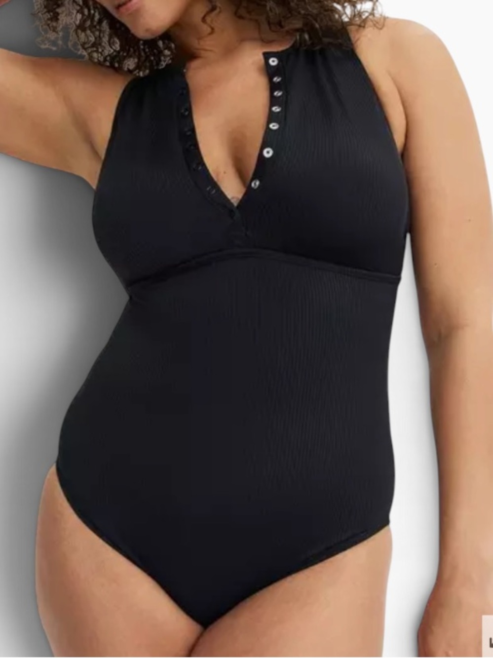 Torrid Black Ribbed Snap-Front High Waist High Neck Henley One-Piece Swimsuit 3X